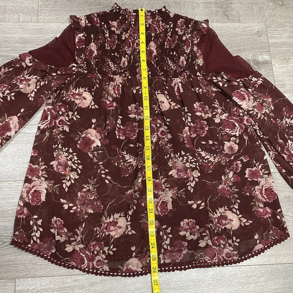 Skylar & Jade Burgundy Sheer Floral Long Sleeve Blouse Lace Ruffle Detail S - Picture 9 of 12